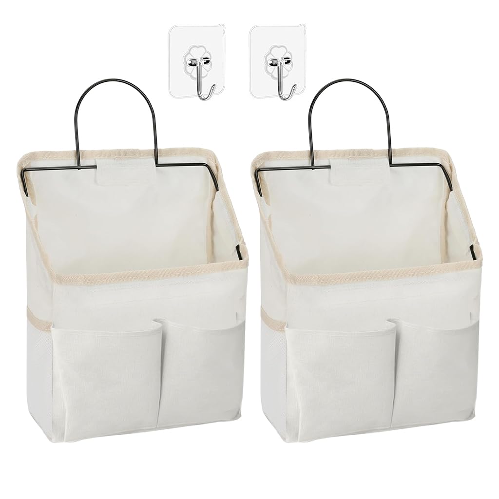 HASTHIP Wall Hanging Storage Bag for Bathroom and Bedroom with Metal Frame | 2 Pack White Cotton Organizer