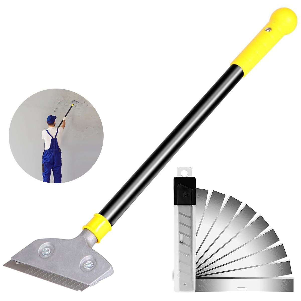 HASTHIP Blade Scraper for Floor and Wall Cleaning with 23.6 in Handle and Screw-Fixed Design | Includes 10 Replacement Metal Blades