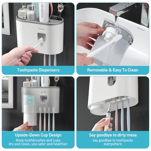 HASTHIP® Wall Mounted Toothbrush Holder with Toothpaste Dispenser and Cup, 3 in 1 Self-Adhesive Bathroom Organizer for Electric Toothbrushes and Accessories