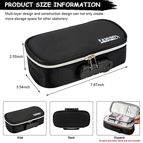 HASTHIP® Canvas Large Capacity Pencil Case with Combination Lock 4 Layer Compartments Big Pouch for Boys Girls Waterproof Box Pen Insert School Black 3PCS