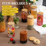 HASTHIP® 4Pcs Glass Drinking Bottle with Wooden Lids 16Oz Cool/Hot Drinks Glass Drinkwares with 4 Bent Glass Straws & 1 Straw Cleaning Brush Heat Resistant Borosilicate Glass Drinking Bottles