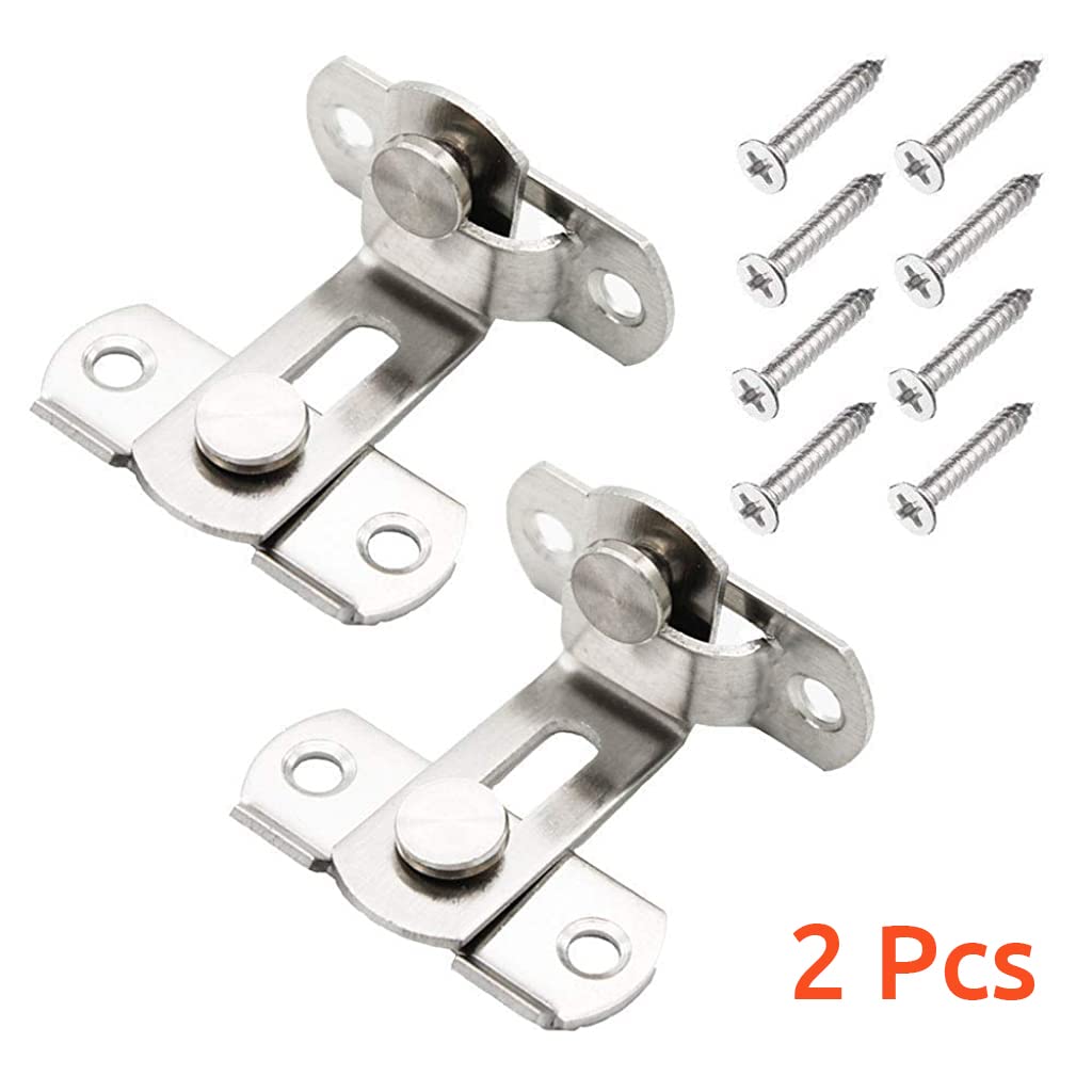 2 Pcs Cupboard Lock Stainless Steel 90° Door Buckle Bolt Barn Door Lock Right Angle Latches Bar Latch Safety Door Lock for Door, Fence, Cabinet, Chicken Coop, 2.4 inch