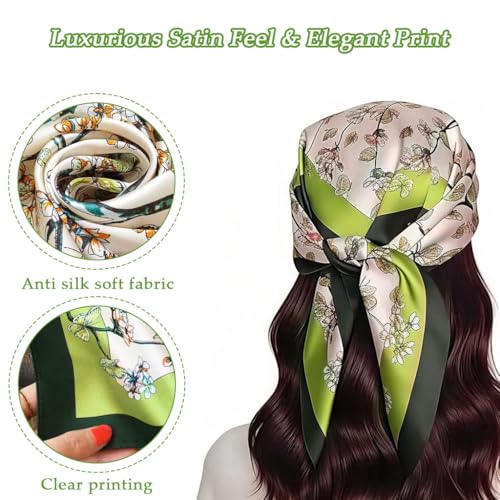 HASTHIP® Pañuelo Grande Cuadrado Mujer 90x90cm, Estampado Vintage Elegante, Bufanda de Pelo Seda Suave, Bandana Ligera Versátil Accesorio de Moda Verde