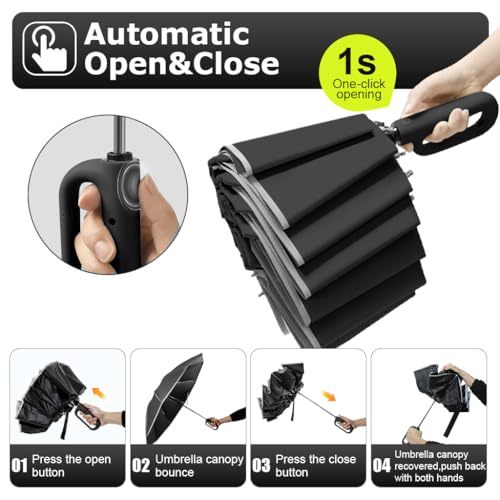 HASTHIP® 50 Inch Large Travel Umbrella with Reflective Strip, Auto Open Close 3-Fold Compact Windproof Sun & Rain Umbrella, 10 Dual Ribs Reinforced Canopy, UV Protection for Men Women (Black)