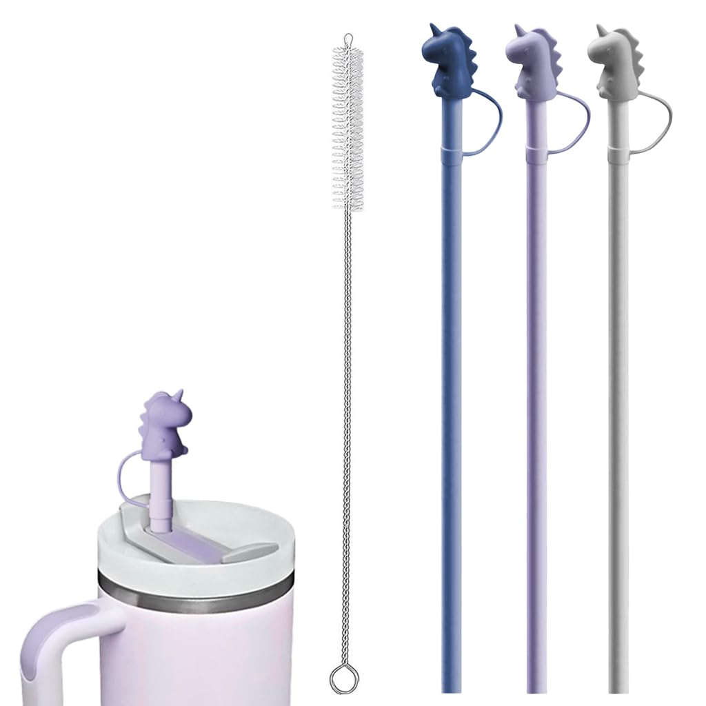 HASTHIP Silicone Straws for Stanley Tumblers with 12 in Length and Dino Caps | BPA Free Reusable Set