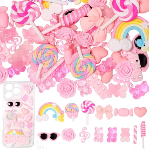 HASTHIP® 60pcs Junk Case Charms Kit, Junk Phone Case with Big Charms, Nail Bow Pearl Flatback Resin Charm for DIY Crafts - Pink