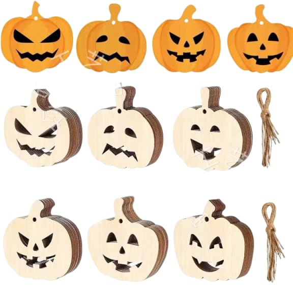 HASTHIP® 12Pcs Wooden Pumpkins Ornaments, DIY Blank Unfinished Pumpkin Wood Discs Ornament for Home Harvest Crafts Hanging -Tangerine