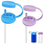 HASTHIP® 2Pcs Silicone Cap for Soft Drink Soda Drinks, Food Grade BPA Free Silicone Sipping Cap with Lift Handle, Blue & Purple Reusable Drinking Cup with 4 Straws