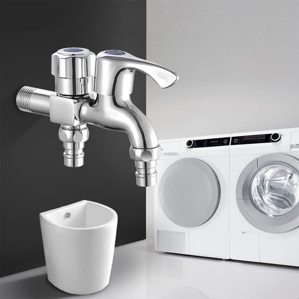 Silver 2 in 1 Brass Two Way Dual Tap for Washing Machine with Wall Flange,Chrome Plated Copper for Bathroom & Kitchen