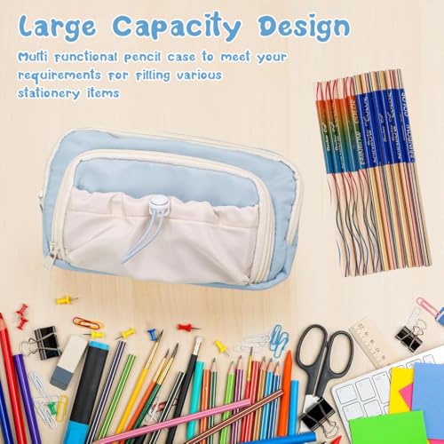 HASTHIP® Partideal Large Capacity Pencil Case with 4 Compartments, Aesthetic School Pencil Pouch for Girls Teenagers, Cute Zipper Pen Organizer for Office, Blue
