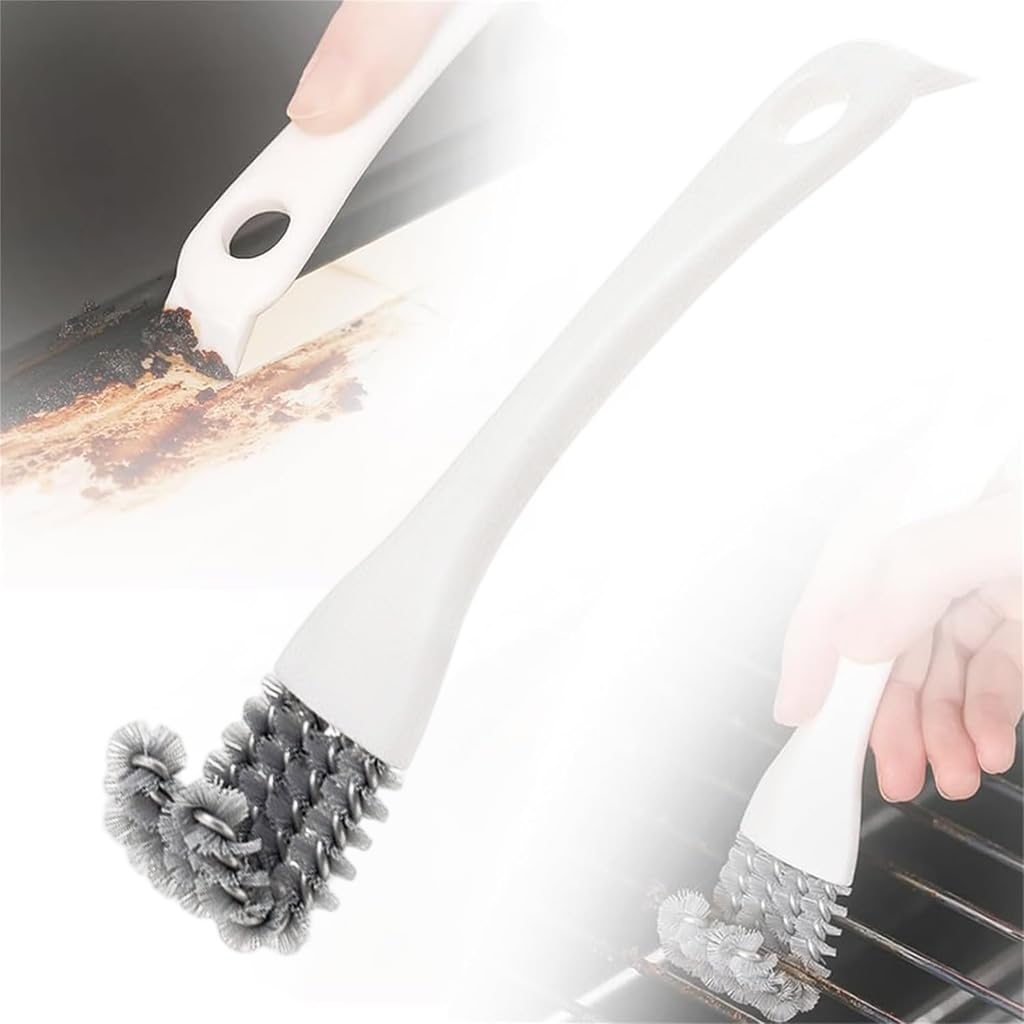 HASTHIP 2 in 1 Oil Stain Scrubber Brush for Baking Racks with Tail Scraper and Curved Bristles