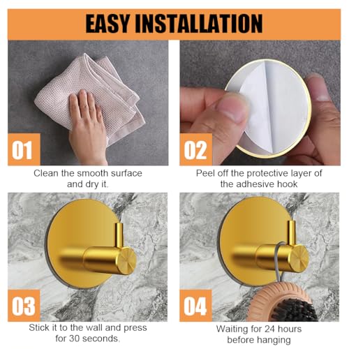 HASTHIP® 4PCS Self Adhesive Wall Hooks Golden Stainless Steel Utility 0.5 Inch Round Rust-Proof Waterproof for Bathroom Kitchen Bedroom Door Back Hanging Bags Hats Towels Keys
