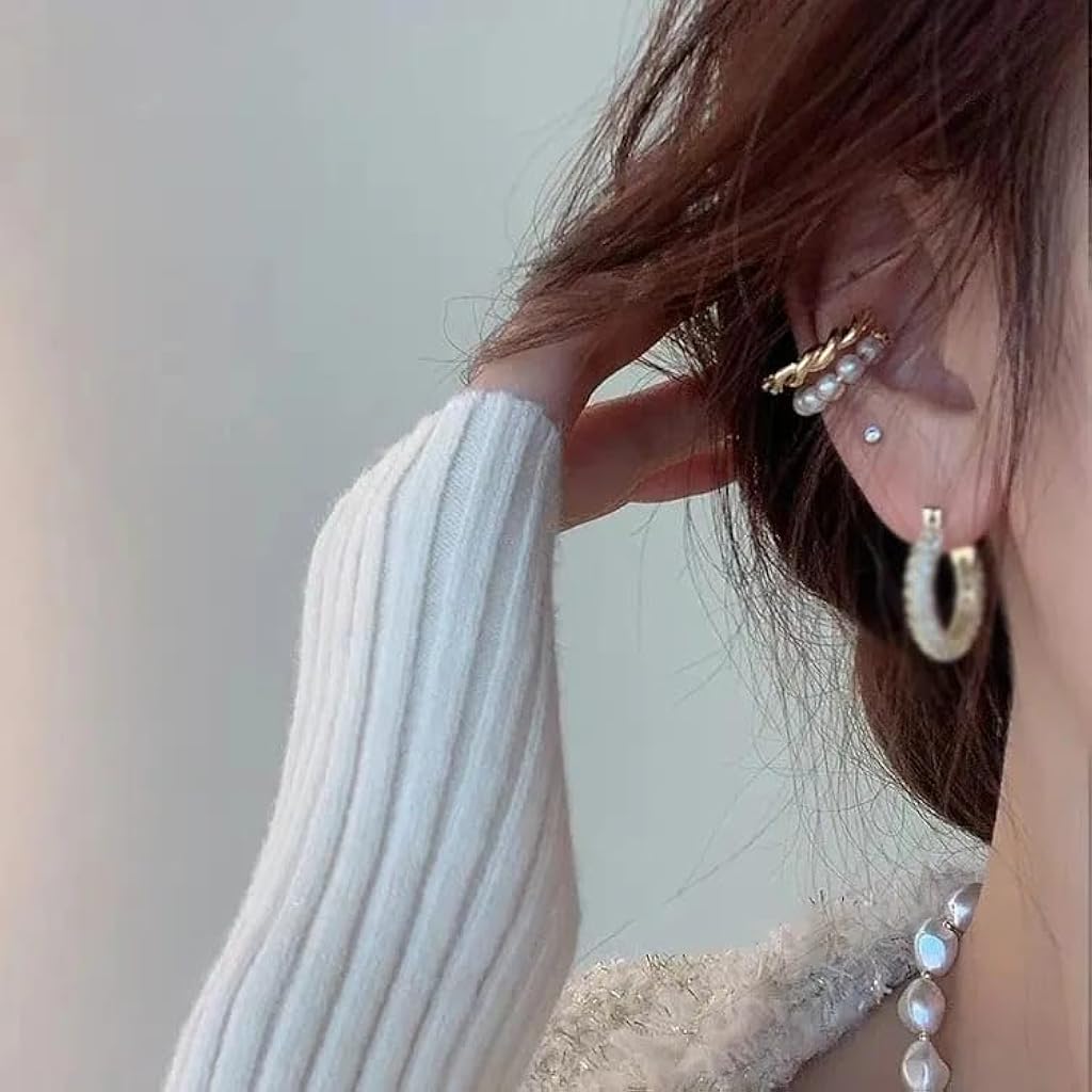 HASTHIP® Pendientes de Clip Trenzados con Perlas sin Perforación, Aros Abiertos Dorados Hipoalergénicos para Mujer, Cuffs Ajustables Ligeros, Joyería Minimalista Moderna Regalo Elegante