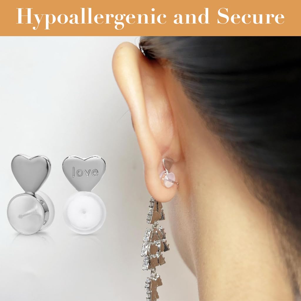 HASTHIP® 6 Piezas Soporte de Pendientes Ajustables - Levantadores de Oídos Hipoalergénicos para Pendientes Pesados - Sujetadores Corazón,Backs Silicona con Caja,Elevadores Cómodos