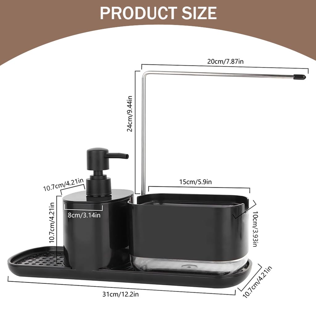 HASTHIP Metal Kitchen Soap Dispenser Set for Sink Organization with Sponge Rack Tray and Dishcloth Holder Black 3 PCS