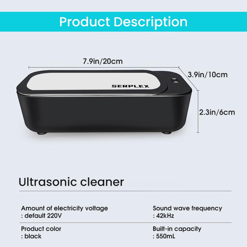 Serplex® Ultrasonic Mini Jewelry Cleaner with 42 kHz Stainless Steel Chamber, Portable Professional Ultrasonic Cleaner for Cleaning Dentures, Jewelry, Aligner, Eyeglasses, Watches, Ring, Black(450ml)