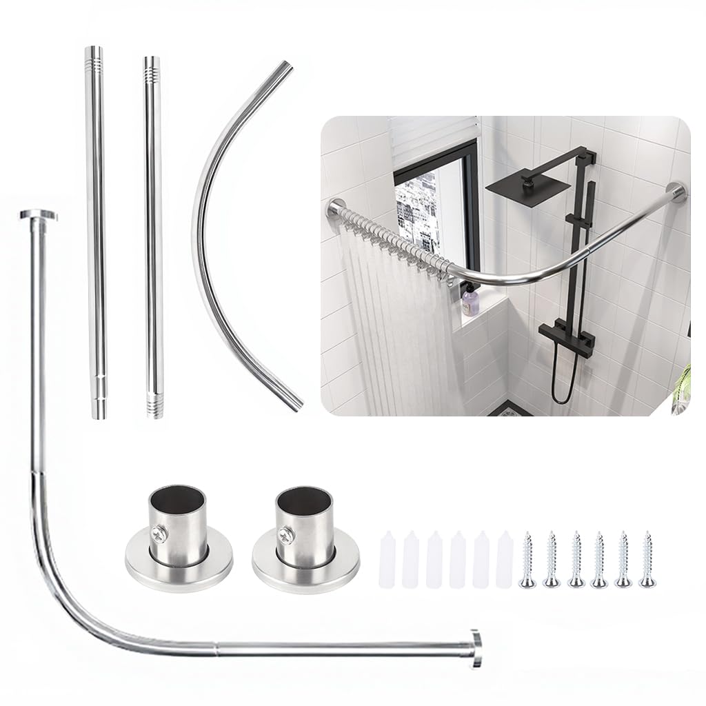 HASTHIP® Elbow Shower Curtain Rod Assembly Adjustable Stainless Steel Corner Shower Rod with Flange Cover, L-Shaped Curved Tension Rod for Bathtub & Shower Enclosure, 68-98 cm