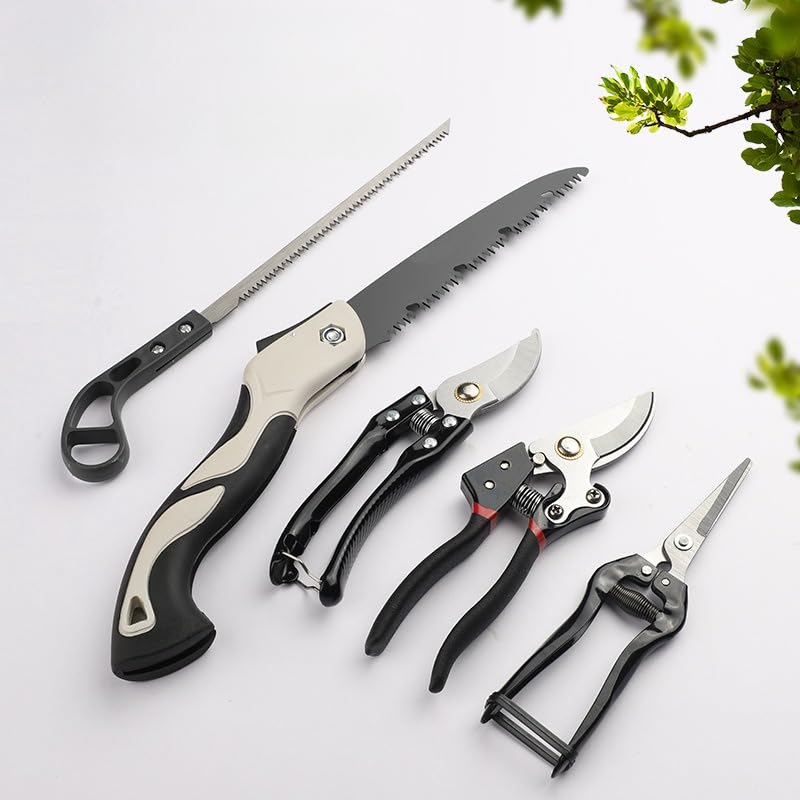 HASTHIP® 5Pcs Gardening Cutter Tool Kit with Pruning Shear, Bypass Pruner, Garden Scissors, Fine Trimming Saw, Heavy Duty Hand Saw Sk5 Stainless Steel Multifunctional Gardening Cutters