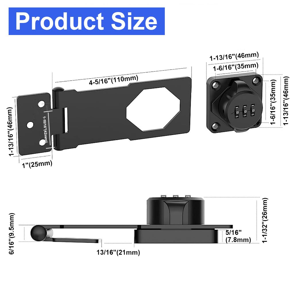 Household Cabinet Password Hasp Locks, Cabinet Door Combination Lock, Door Security Slide Latch Lock for Small Doors, Cabinets, Barn Door, Bathroom, Outdoor, Garden (Black)