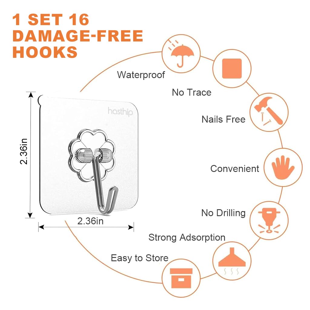 HASTHIP® 16 Pack Wall Hooks Self-Adhesive Wall Hooks