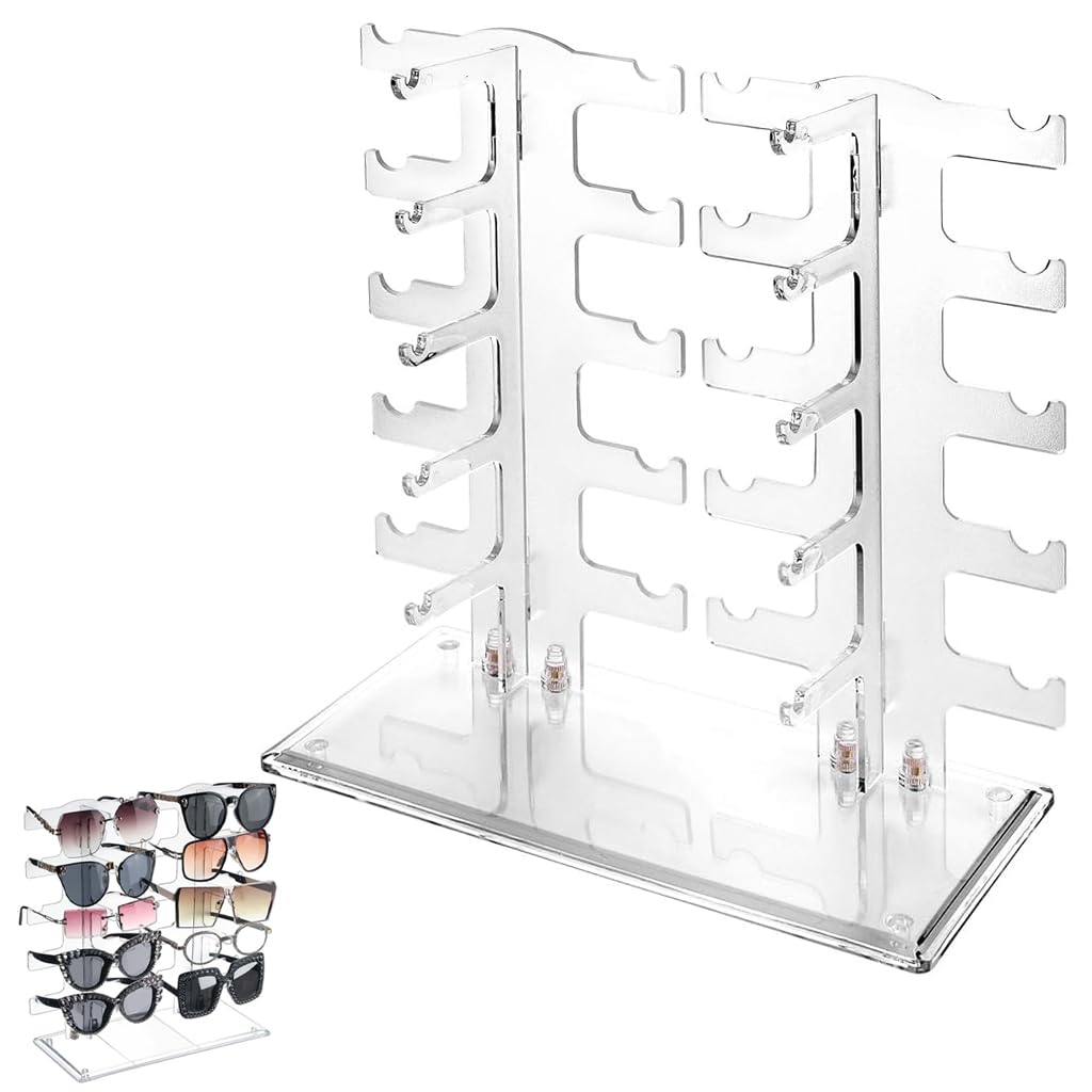 HASTHIP Glasses Display Stand for 10 Pairs featuring Two Row Design and Transparent Plastic | 11.6x12.6x11.4 in Space Saving Organizer