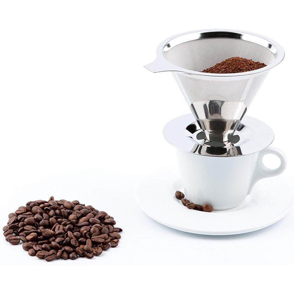 HASTHIP® Pour Over Coffee Dripper Stainless Steel Reusable Drip Cone Filter Paperless Metal Fine Mesh Strainer Brewer Maker 1-6 Cup with Non-Slip Stand Cleaning Brush 2 PCS