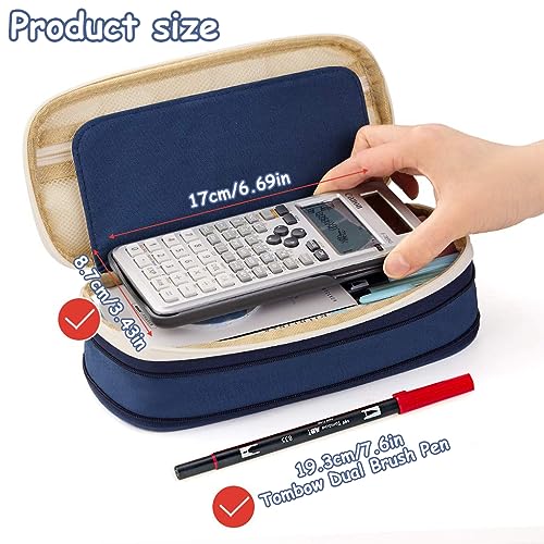 HASTHIP® Nylon Large Capacity Pencil Pouch Durable Storage Multiple Compartment Double Zipper Portable Box for Kids College Student Teen 22X11Cm Navy Blue 2 PCS