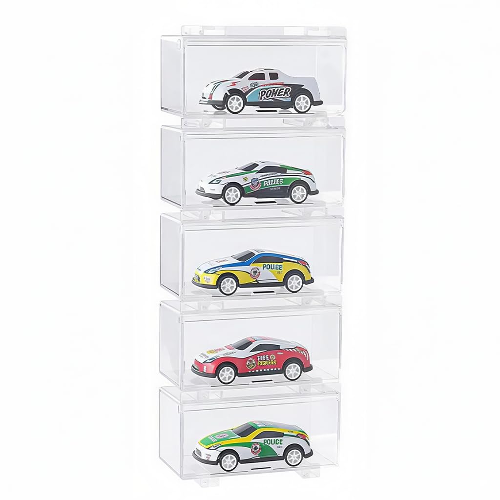 HASTHIP Car Toy Display Box Set for 1:64 Racing Cars with Individual Doors | 5 Stackable Holders
