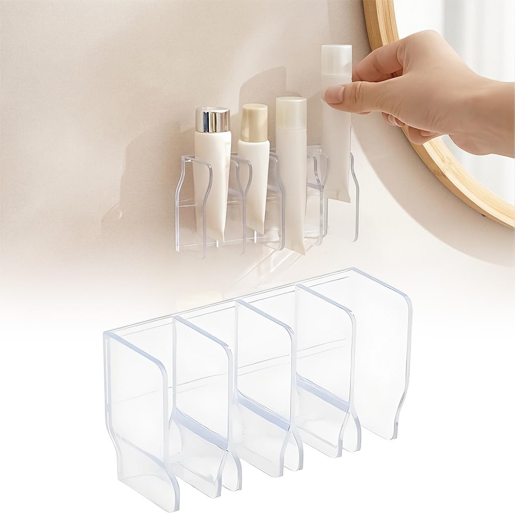 HASTHIP Wall Skincare Organizer for Bathroom and Kitchen featuring 4 Slot Acrylic Design | Drill Free Adhesive Holder