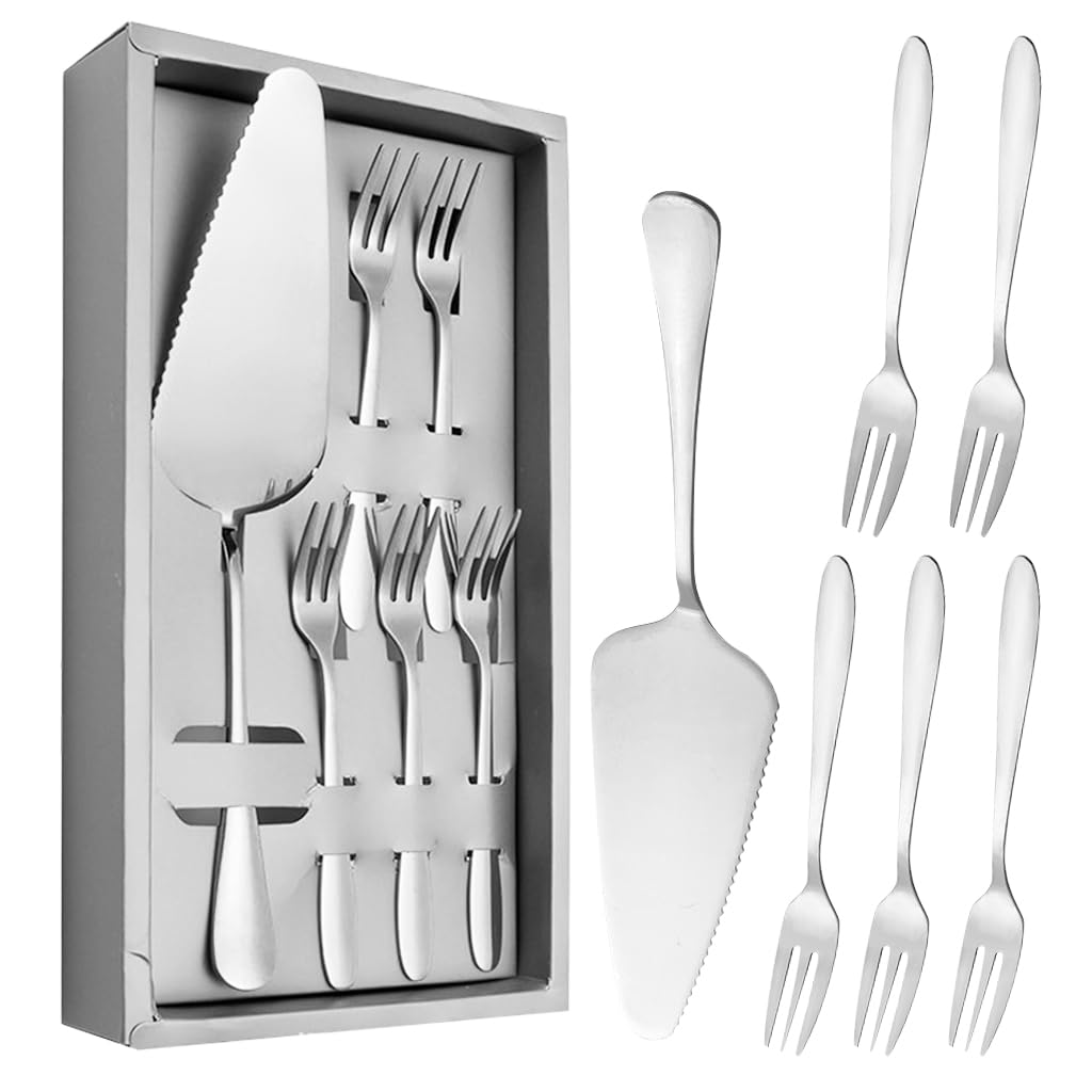 HASTHIP Cake Server Combo Set for Parties with 5Pcs Forks and 2 in 1 Serrated Cutter Silver