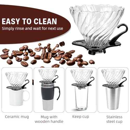 HASTHIP® V60 Glass Coffee Dripper with Handle and Stand, Pour Over Brewer Cone, 3-4 Cup Manual Coffee Maker, Glass Pour-Over Dripper for Home and Office