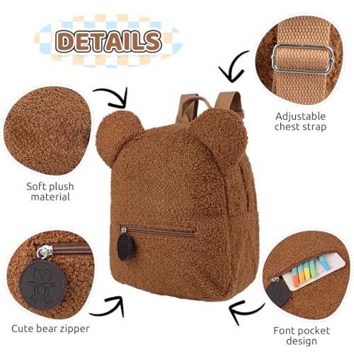 HASTHIP® Kawaii Bear Ear Kids Backpack, Soft Plush School Bag for Boys & Girls, Cute Small Preschool & Kindergarten Backpack, Adjustable Straps, 27x13x28cm, Brown Toddler Bag for Children