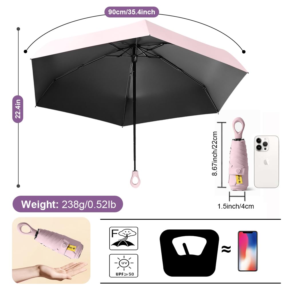HASTHIP® Mini Sun Umbrella Automatic Open, UPF 50+ Automatic Open/Close Windproof Travel Folding Umbrella with 6 Strong Ribs Design, 99 UV Protection Fashion Outdoor Umbrella with Hanging Handle, Pink
