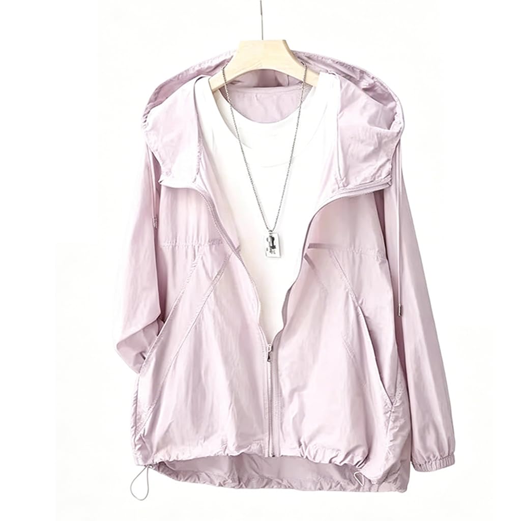 HASTHIP® Chaqueta Impermeable Mujer Ligera con Capucha, Protección Solar UPF50+, Rompevientos Desmontable para Senderismo y Pesca, Ice Silk, Zip Up Outdoor - Mauve - M