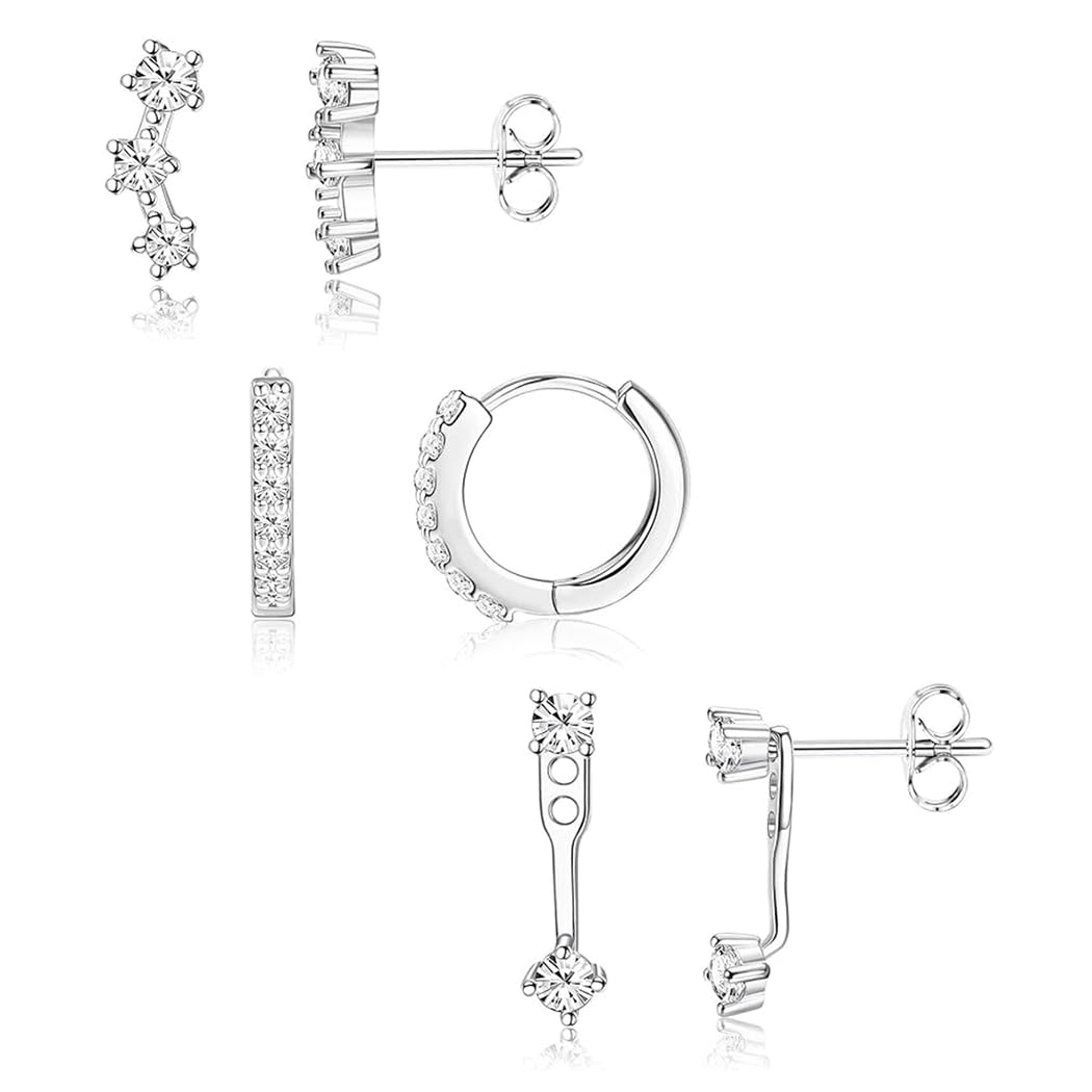 HASTHIP® Juego de 3 Pares de Aretes para Mujer,Pendientes Acero Inoxidable con Circonitas,Aros y Estrellas Hipoalergénicos y Elegantes para Múltiples Perforaciones