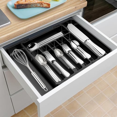 HASTHIP® Brick Brown Adjustable Silverware Drawer Organizer, Expandable Utensil Tray for Kitchen