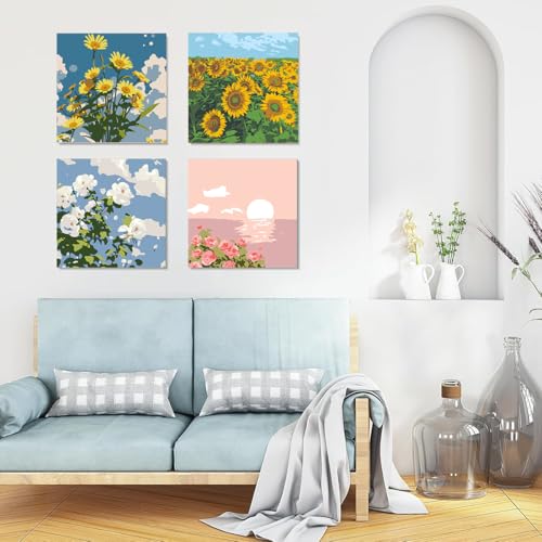 HASTHIP® Pack of 4 DIY Oil Painting Paint by Numbers with Frame Sunflower Rose Oil Art Painting Wall Hanging DIY Canvas Painting with Painting Tool Kit Wall Decoration, 7.8x7.8inch