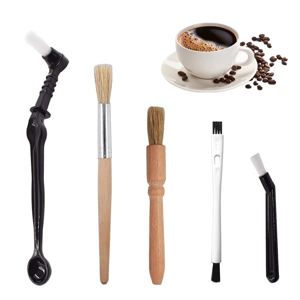 Coffee Brush Set, Professional Espresso Brush Kit, Include Wooden Coffee Grinder Machine Cleaning Brush and Nylon Espresso Brush for Coffee Machine Group Head (5Pcs)