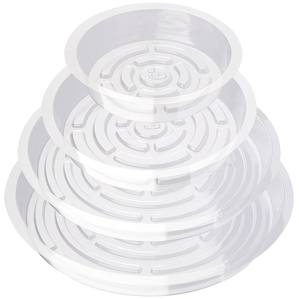 HASTHIP Plant Saucers for Indoor and Outdoor Use with Grooved Drainage Base 12 Pack | Clear Plastic Trays in 6 8 10 12 in Sizes