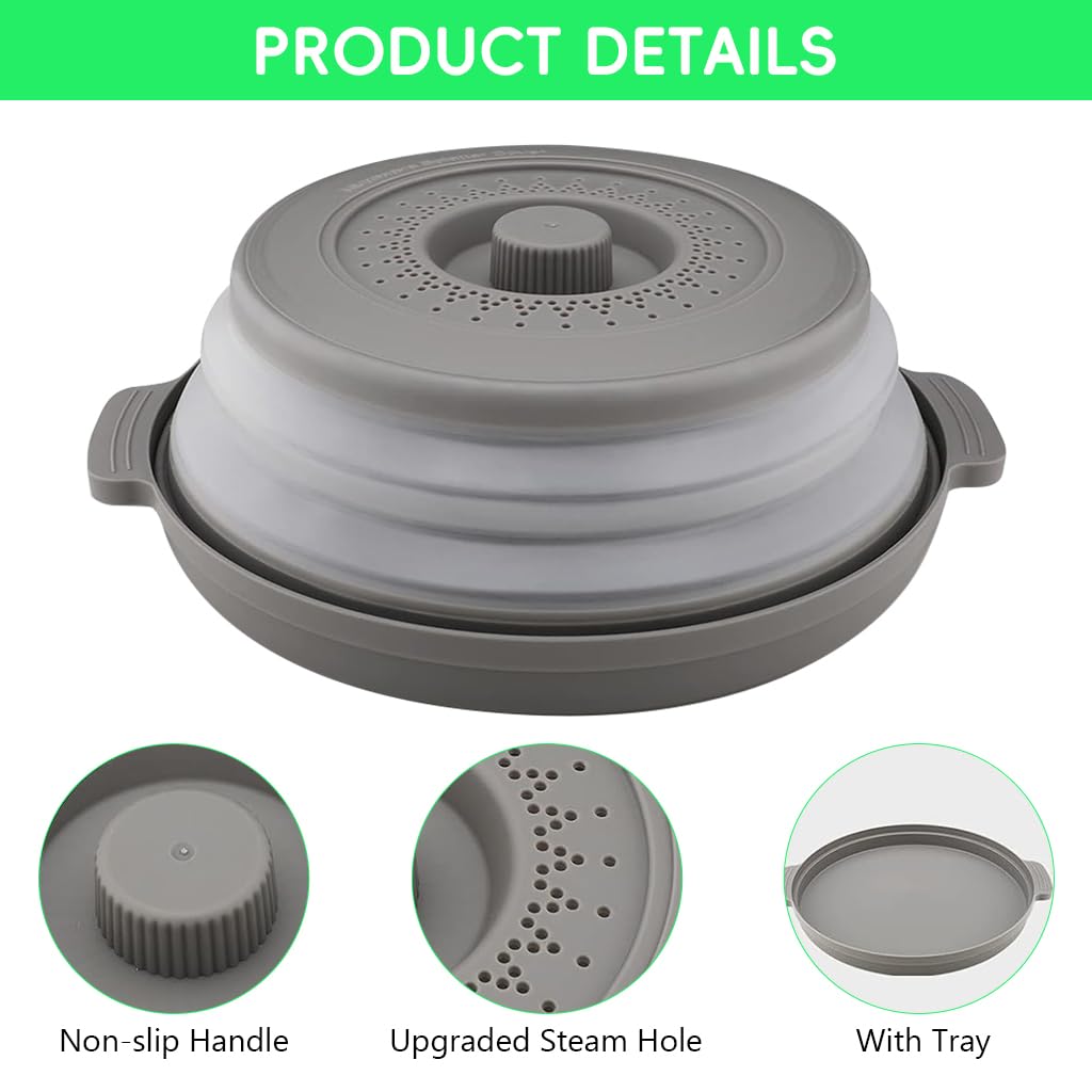 HASTHIP® 10.6 inch Microwave Plate Cover, Collapsible Food Plate Lid with Top Steam Vent and Gripper, Strainer for Fruit, Microwave Lid Food Splatter Cover, BPA Free, Microwave Safe Material (Grey)