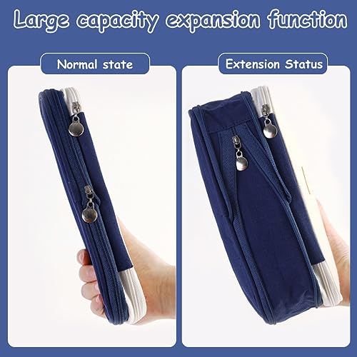 HASTHIP® Nylon Large Capacity Pencil Pouch and Case Combo, Double Zipper, Multi-Compartment, for Kids, College Students, Journaling, Crafts, DIY, Planners, 22x11cm (Navy Blue & Khaki Black)