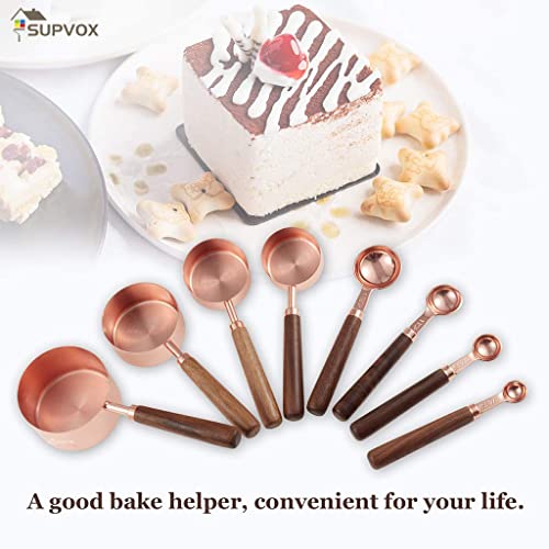 HASTHIP® 8Pcs Measuring Cups and Spoons Set, Stainless Steel Measuring Cup with Wood Handle, Rose Gold Polished Finish, 60ml/80ml/125ml/250ml/1.25ml/2.5ml/5ml/15ml, for Cooking and Baking