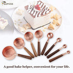 HASTHIP® 8Pcs Measuring Cups and Spoons Set, Stainless Steel Measuring Cup with Wood Handle, Rose Gold Polished Finish, 60ml/80ml/125ml/250ml/1.25ml/2.5ml/5ml/15ml, for Cooking and Baking