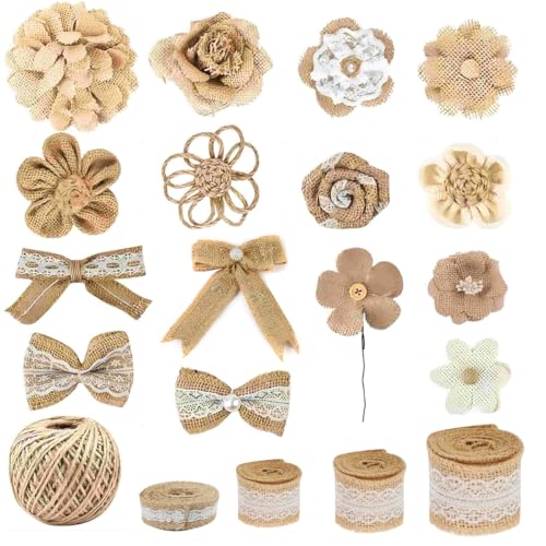 HASTHIP® Set of 20Pcs DIY Jute Burlap Ribbon Roll, Jute Rope for Craft includes 4 Rolls 2m Lace Fabric Ribbons for Gift Wrapping, 50m Hemp Thread, 4Pcs Bows for Decoration, 11Pcs Ribbon Flowers Decor