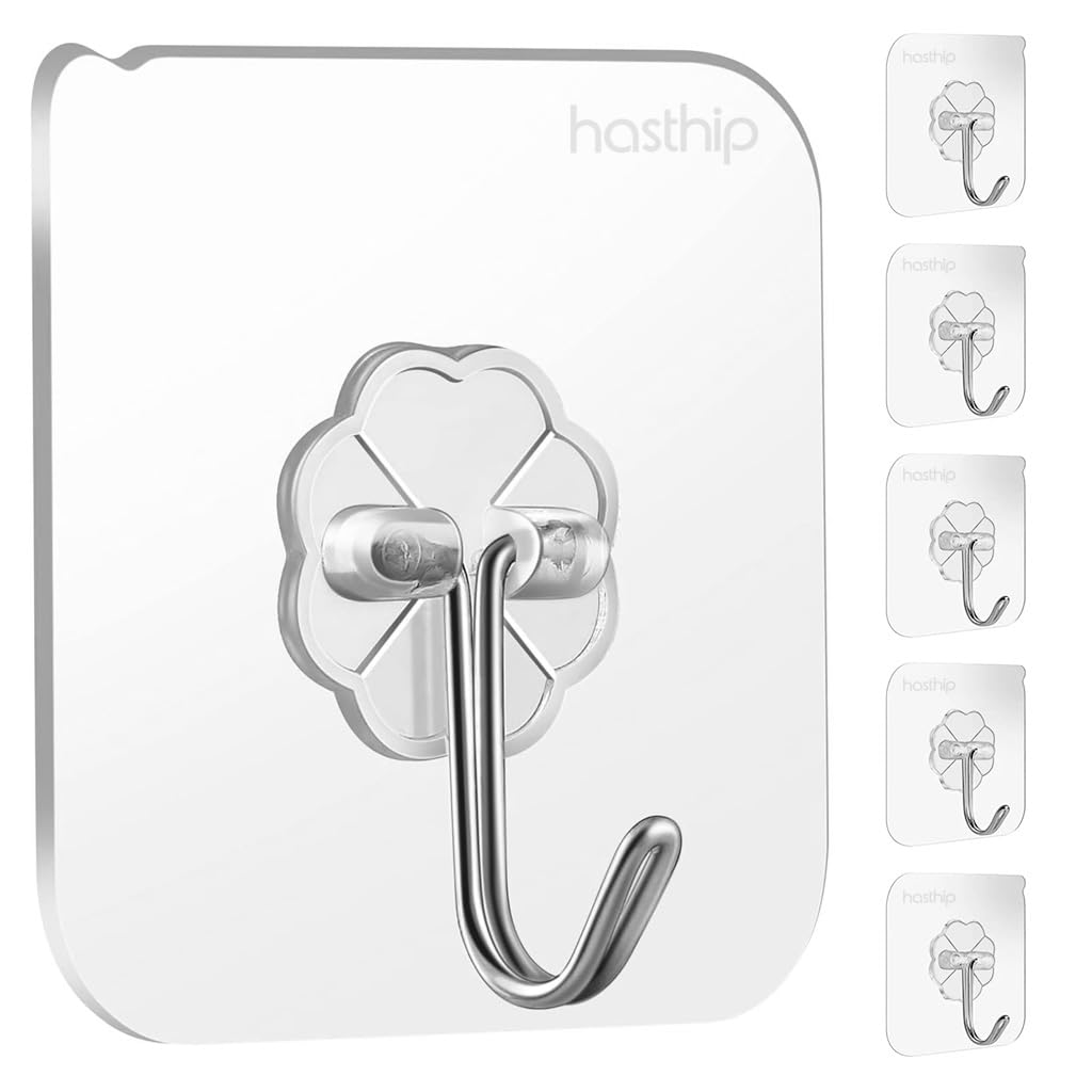 HASTHIP Adhesive Wall Hooks for Bathroom and Kitchen with 22lb Load Capacity | Clear 5 Pack