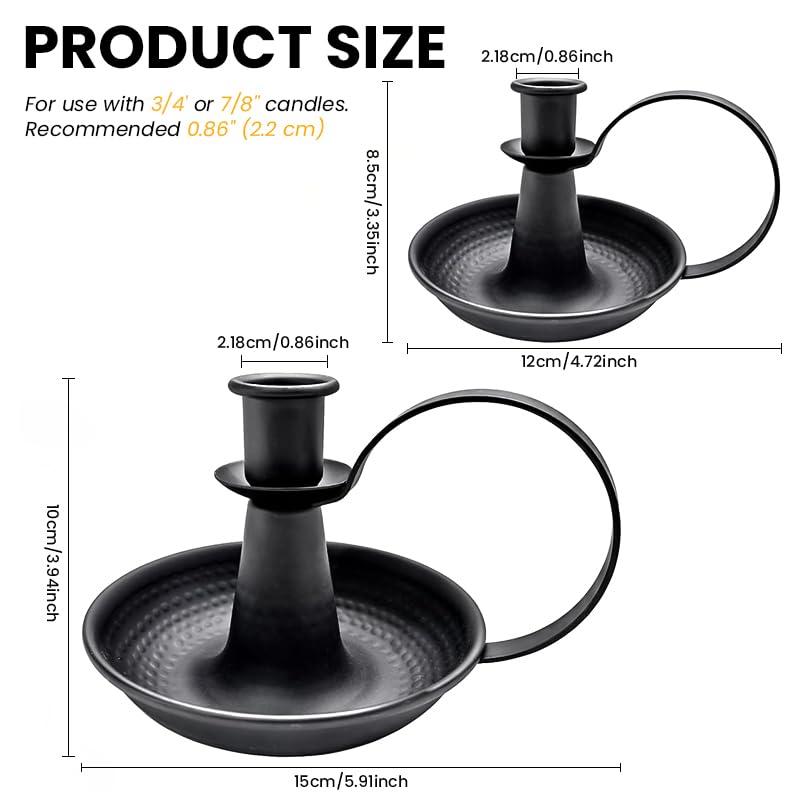 HASTHIP Candle Holder Stand for Dining Table Decor with Wax Drip Tray & Handle | Vintage Black Iron Tealight Set of 2
