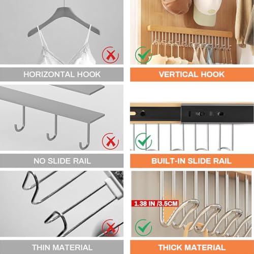 HASTHIP® 1 Pc Wooden Hanger for Clothes Hanging 12 Hook Adjustable Multi Sliding Wall Mounted Rack Bra Belt Scarf Tie Hat No-Drill Right-Pull Style 41X8CM 2PCS