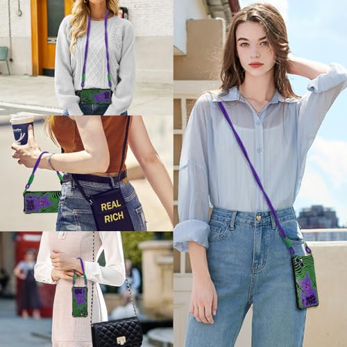 HASTHIP® Compatible with iPhone 15 Silicone Phone Case, Phone Lanyard & Phone Sling Strap Chic Purple Cat Printed Phone Case for iPhone 15 Purple Braided Nylon Rope Phone Sling Strap, Set of 3Pcs