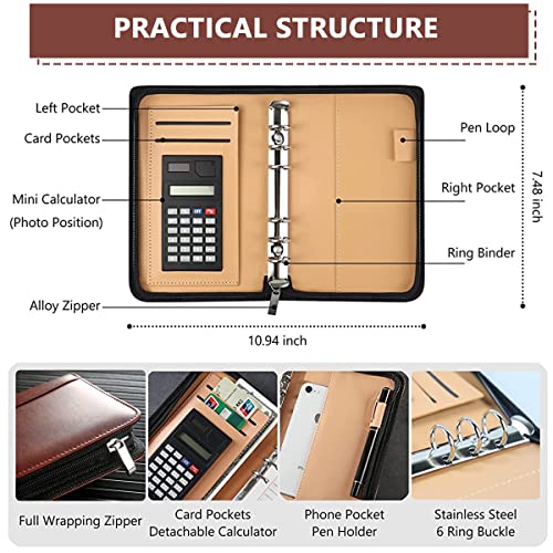 HASTHIP® Leather File Folder for Documents Ring Binder Notebook Set, A6 Binder Clip Budget Notebook with Budget Sheet, Transparent Envelopes, Calculator, Cash Pocket, A6 Notebook Folder(Brown)