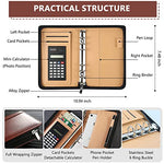 HASTHIP® Leather File Folder for Documents Ring Binder Notebook Set, A6 Binder Clip Budget Notebook with Budget Sheet, Transparent Envelopes, Calculator, Cash Pocket, A6 Notebook Folder(Brown)